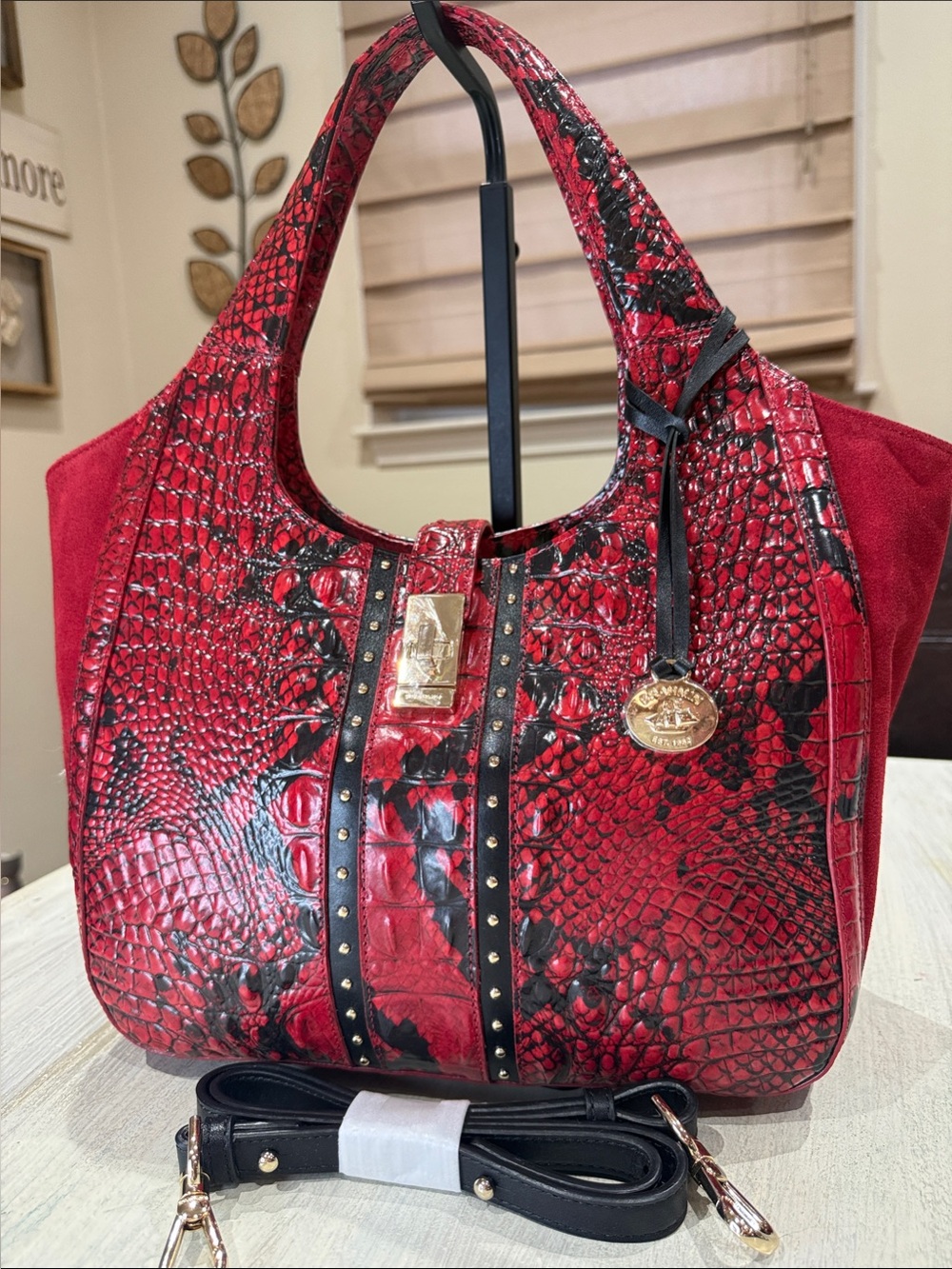 Brahmin Aveda Lipstick Red and Black Faux-Snakeskin Satchel